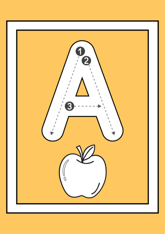 Alphabet tracing flashcard for letter A with numbered stroke guide and apple illustration